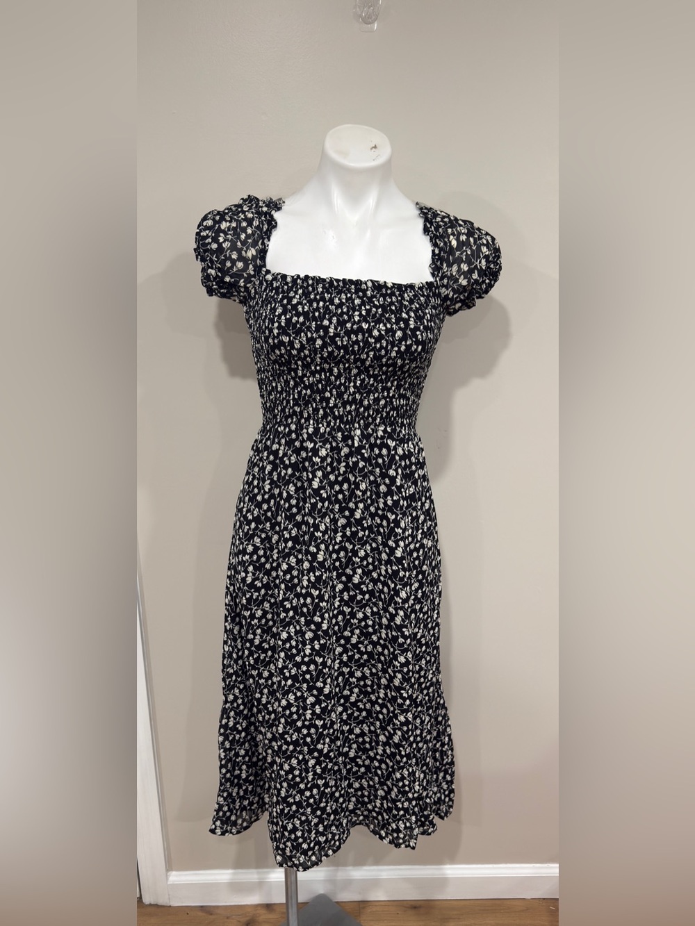 Reformation Black Floral Smocked Midi Dress